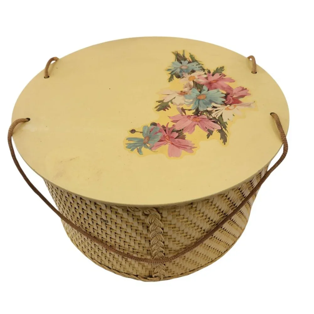 MCM Princess Large Yellow Wicker Sewing Box Retro Storage Box Pastel Floral